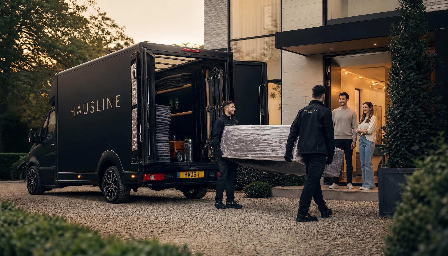Hausline crew in black uniforms carefully loading a wrapped designer sofa into a matte-black Hausline Luton van outside a modern detached English home at golden hour